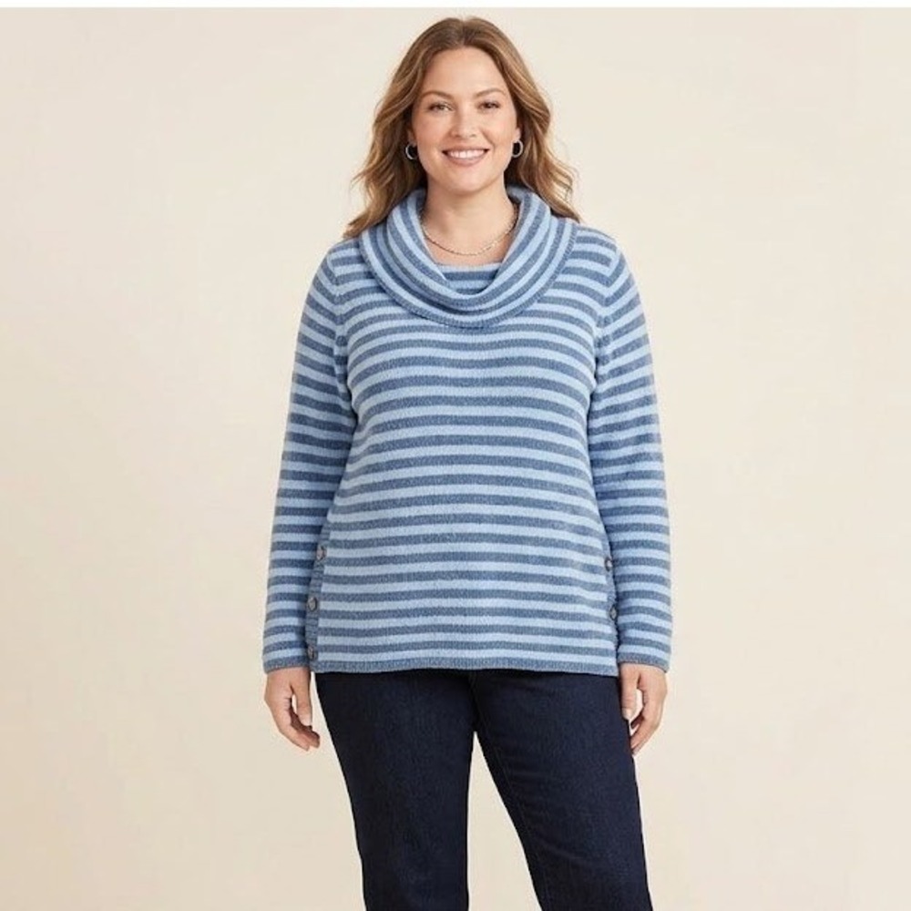 Talbots Plus 2X Blue Striped Chenille Cowl Neck Sweater Nautical Coastal NEW